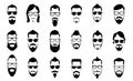 Male moustache, beard and haircut. Vintage moustaches silhouettes, man hairstyle and guy face portrait vector silhouette