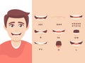 Male mouth sync. Cartoon character lips, speak expression lip, english pronunciation, happy face, talk smile, set decent