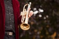 Male musician holding in hands golden shiny trumpet