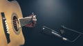 Male musician playing acoustic guitar behind microphone in recording studio. Royalty Free Stock Photo