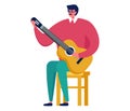 Male musician playing acoustic guitar sitting on stool. Cartoon guitarist holding instrument and performing. Musician Royalty Free Stock Photo