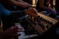 Male musician playing midi keyboard synthesizer in recording studio. Moscow Royalty Free Stock Photo