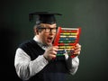 Male nerd holding abacus very excited