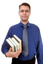 Male nerdy geek carry books