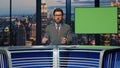 Male news presenter reporting in broadcasting studio. Expert anchor man talking Royalty Free Stock Photo