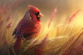 Male Northern Cardinal in a Flower field .AI generated Illustration