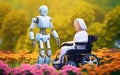 Patient in a wheelchair with a robot on a background of flowers.