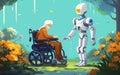 Robot helping patient in wheelchair in the park.