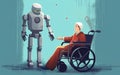 Illustration of a disabled woman sitting in a wheelchair and talking with a robot nurse.