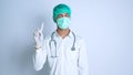 A male nurse showing disagreed gesture on a white background