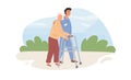 Male nurse or volunteer helps elderly patient with orthopedic walker. Caregiver and old age woman walking outdoors