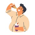 Male obesity problem concept flat vector illustration. Overweight man cartoon character eating pizza slice, takeaway