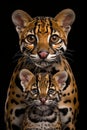 Male ocelot and ocelot kitten portrait with space for text, object on right side