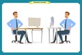 Male office worker poses sitting at computer with tablet having coffee brake cartoon characters set vector illustration Royalty Free Stock Photo