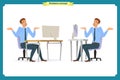 Male office worker poses sitting at computer with tablet having coffee brake cartoon characters set vector illustration Royalty Free Stock Photo