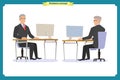 Male office worker poses sitting at computer with tablet having coffee brake cartoon characters set vector illustration Royalty Free Stock Photo