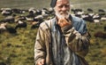 Male old shepherd is looking at camera on herd background. Farmer Professional Portrait Concept