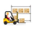 Male operator working on the forklift. Warehouse. Royalty Free Stock Photo