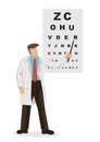 Male ophthalmology doctor in uniform pointing to an eye test chart