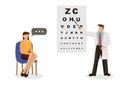 Male ophthalmology doctor in uniform pointing to an eye test chart with a young woman