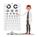 Male Ophthalmology Vector. Sight, Eyesight. Optical Examination. Doctor And Eye Test Chart In Clinic. Ophthalmologist Royalty Free Stock Photo