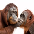 Male orangutan covers the mouth of the female with his paw, freedom of speech, cute family of monkeys,