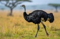 Male ostrich walking in the grass of the savannah in Kenya Royalty Free Stock Photo