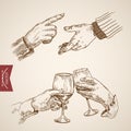 Male outstretched extended hand clink engraving vintage vector