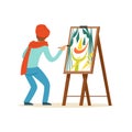 Male painter artist character wearing red beret painting with colorful palette standing near easel vector Illustration