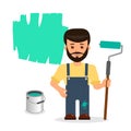 Male painter paints the wall. The isolated character of a man with a roller and a bucket of paint on a white background