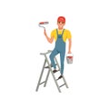 Male painter with roller in hand standing on step ladder, house renovation concept vector Illustration on a white Royalty Free Stock Photo