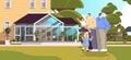 male parents standing with little children on backyard lawn gay family transgender love LGBT community concept