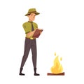 Male Park Ranger in Khaki Hat Protecting and Preserving National Parkland Detecting Violation Vector Illustration