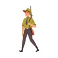 Male Park Ranger in Khaki Hat and Shirt Walking Carrying Rifle Protecting and Preserving National Parkland Vector