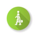 Male passenger with bag green flat design long shadow glyph icon. Tourist carrying baggage. Man with checked luggage at
