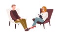 Male patient in armchair and female psychologist, psychoanalyst or psychotherapist sitting in front of him and talking