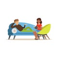 Male patient character lying on the sofa and talking to female psychologist about problems, psychotherapy counseling