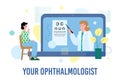 Male patient is examined by an ophthalmologist online a vector flat illustration