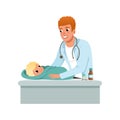 Male pediatrician doing medical exam of baby at doctors office, healthcare for children vector Illustration on a white