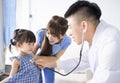 Male pediatrician hold stethoscope exam child girl patient visit doctor with mother