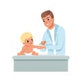 Male pediatrician in white coat making a shot to infant baby at doctors office, vaccination, healthcare for children