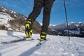 Male person cross-country skiing in beautiful winter landscape in mountains