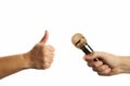 male person hold golden microphone. female person showing thumbs up gesture isolated on a white background. positive and Royalty Free Stock Photo