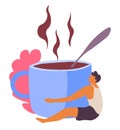 Male personage hugging cup of coffee with steam