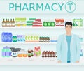 Male pharmacist at the counter in a pharmacy opposite the shelves with medicines. Vector illustration