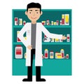 Male pharmacist in a pharmacy opposite the shelves with medicines. Health care. Vector illustration