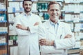 Male pharmacists posing in pharmacy Royalty Free Stock Photo