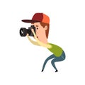 Male photographer with photo camera, paparazzi taking photo, blogger or journalist concept vector Illustration on a