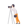 Male Photographer Taking Photo Using Professional Equipment, Cameraman Character Making Picture Vector Illustration