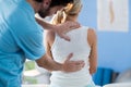 Male physiotherapist giving back massage to female patient